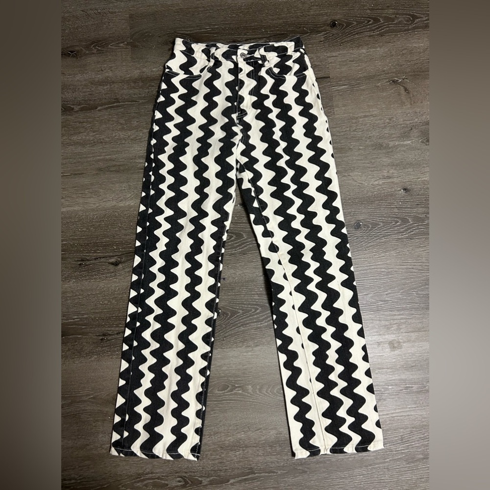 Cider Wavy Retro Straight Leg Jean Trousers Size XS Black Ivory High Rise - Picture 2 of 9